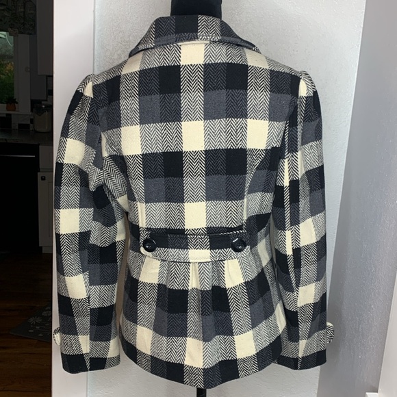 Yoki black white plaid double breasted pea coat wool blend lined pockets Medium - Picture 2 of 6